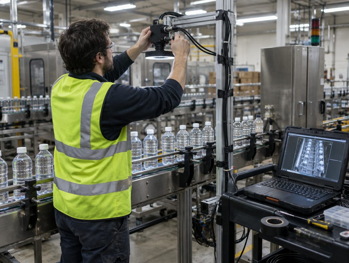 Technician mounting an inspection camera above a conveyor